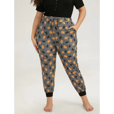 Bloomchic Women's Plus Size Halloween Print Color Contrast Jogger Lounge Bottoms Gray 10/m