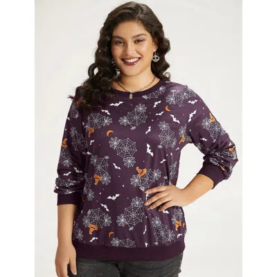 Bloomchic Women's Plus Size Halloween Print Elastic Cuffs Round Neck Sweatshirt Purple Graphic-halloween Casua