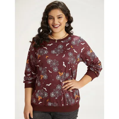 Bloomchic Women's Plus Size Halloween Print Elastic Cuffs Round Neck Sweatshirt Raspberry Graphic-halloween Ca In Pink