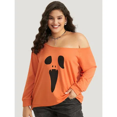 Bloomchic Women's Plus Size Halloween Print One Shoulder Raglan Sleeve Sweatshirt Orangered Halloween Festival