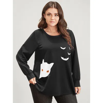 Bloomchic Women's Plus Size Halloween Print Round Neck Drop Shoulder Sweatshirt Black Graphic-halloween Festiv