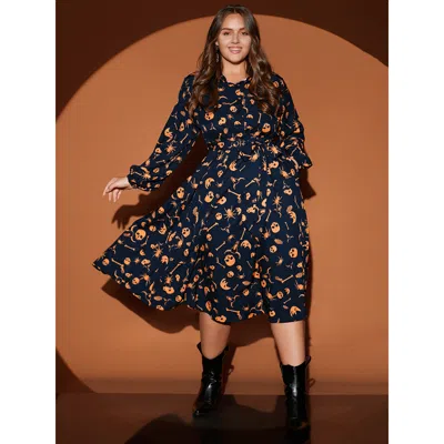 Bloomchic Halloween Print Shirt Collar Pocket Button Up Belted Flutter Dress In Blue