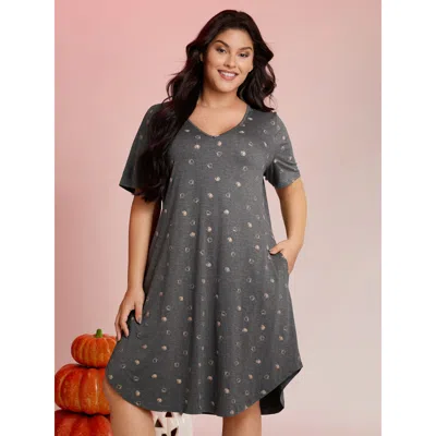 Bloomchic Women's Plus Size Halloween Print Stretchy V-neck Lounge Dress Dimgray Knee 10/m