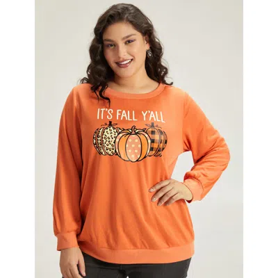 Bloomchic Women's Plus Size Halloween Pumpkin Crew Neck Elastic Cuffs Sweatshirt Coral Halloween Festival-hall In Orange
