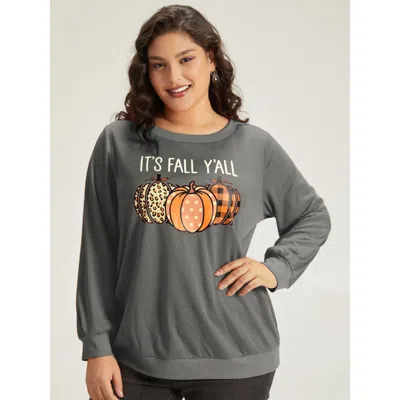 Bloomchic Women's Plus Size Halloween Pumpkin Crew Neck Elastic Cuffs Sweatshirt Gray Halloween Festival-hallo