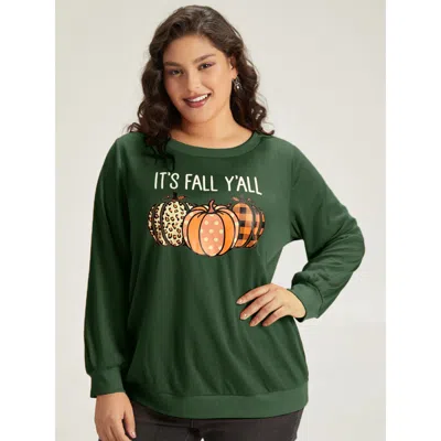 Bloomchic Women's Plus Size Halloween Pumpkin Crew Neck Elastic Cuffs Sweatshirt Green Halloween Festival-hall