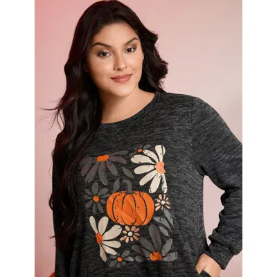 Bloomchic Women's Plus Size Halloween Pumpkin Floral Pockets Tunic Top Dimgray Graphic-halloween Casual 12/l