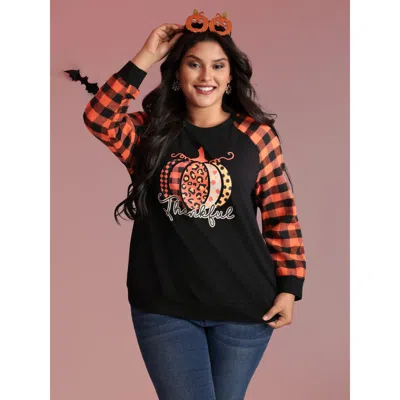 Bloomchic Women's Plus Size Halloween Pumpkin Plaid Stretchy Sweatshirt Black Graphic-halloween Casual 12/l
