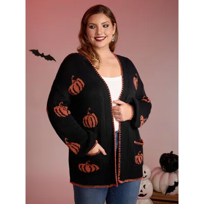 Bloomchic Women's Plus Size Halloween Pumpkin Print Contrast Knit Cardigan Black Long Sleeve 12/l