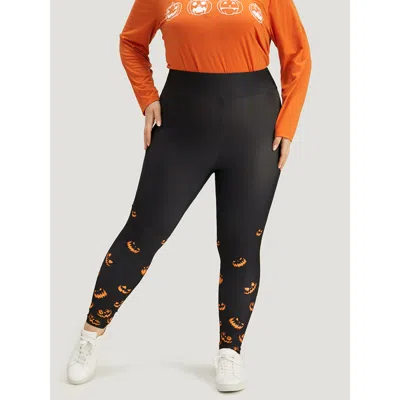 Bloomchic Women's Plus Size Halloween Pumpkin Print Wideband Waist Leggings Black High Stretch High Rise Festi