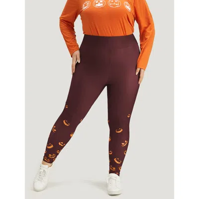 Bloomchic Women's Plus Size Halloween Pumpkin Print Wideband Waist Leggings Burgundy High Stretch High Rise Fe