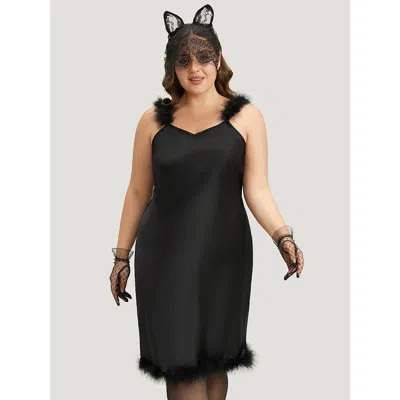 Bloomchic Women's Plus Size Halloween Satin Fuzzy Straps Nightgown Black Sleeveless 10/m