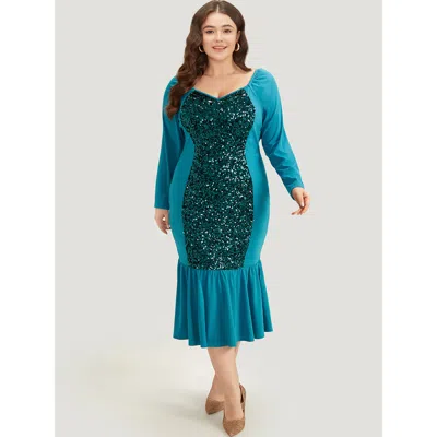Bloomchic Women's Plus Size Halloween Sequin Patchwork Mermaid Hem Dress Teal Festival-halloween Gathered 10/m In Blue