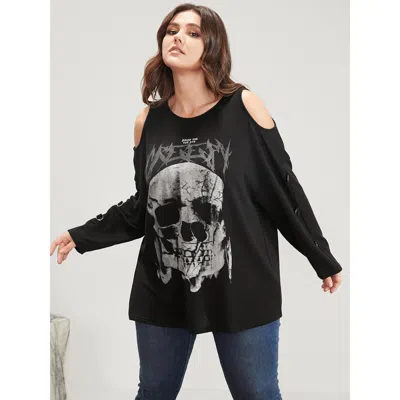 Bloomchic Women's Plus Size Halloween Skull Print Cold Shoulder Sweatshirt Black Skull Print Dailywear 10/m