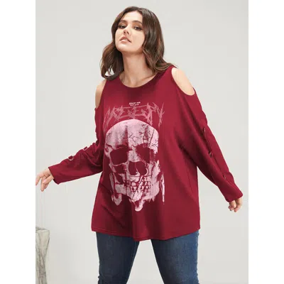 Bloomchic Women's Plus Size Halloween Skull Print Cold Shoulder Sweatshirt Scarlet Skull Print Dailywear 10/m In Red