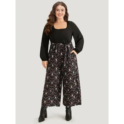 Bloomchic Women's Plus Size Halloween Skull Print Patchwork Belted Jumpsuit Black Festival-halloween 10/m