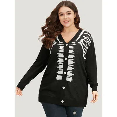 Bloomchic Women's Plus Size Halloween Skull Print Slightly Stretchy Cardigan Black Long Sleeve 10/m