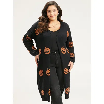 Bloomchic Women's Plus Size Halloween Skull Print Split Side Drop Shoulder Maxi Cardigan Chocolate Long Sleeve In Brown