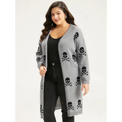 Bloomchic Women's Plus Size Halloween Skull Print Split Side Drop Shoulder Maxi Cardigan Gray Long Sleeve 12/l