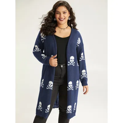 Bloomchic Women's Plus Size Halloween Skull Print Split Side Drop Shoulder Maxi Cardigan Indigo Long Sleeve 12 In Purple