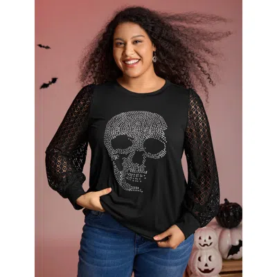 Bloomchic Women's Plus Size Halloween Skull Shimmery Rhinestones Lace T-shirt Black Non Casual Extra Long Slee
