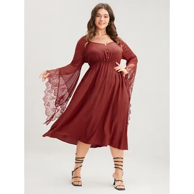 Bloomchic Women's Plus Size Halloween Solid Lace Bell Sleeve Asymmetrical Button Front Dress Chocolate Solid F In Brown