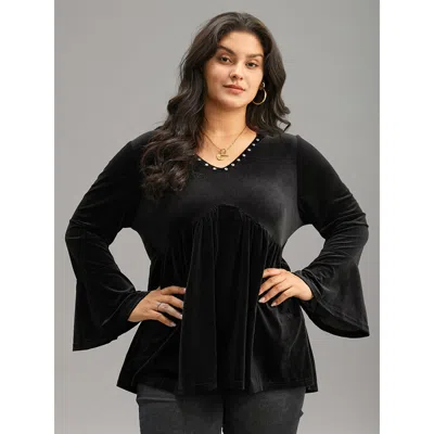 Bloomchic Women's Plus Size Halloween Solid Pearl Beaded Hooded Bell Sleeve T-shirt Black Long Sleeve Festival