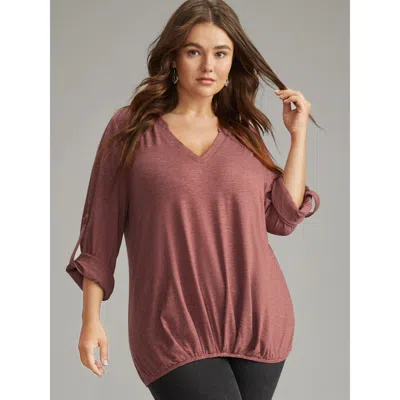 Bloomchic Women's Plus Size Halloween Solid Tab Sleeve Plicated Detail T-shirt Russet Long Sleeve Festival-hal In Brown