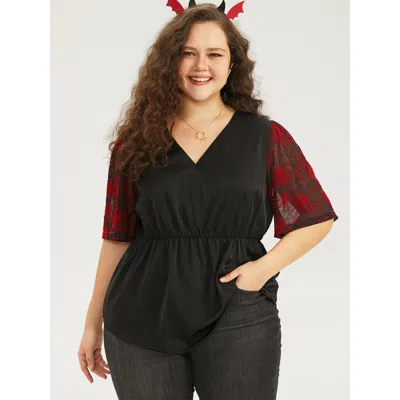 Bloomchic Women's Plus Size Halloween Spider Web Mesh Patchwork Elastic Waist Blouse Black Festival-halloween 