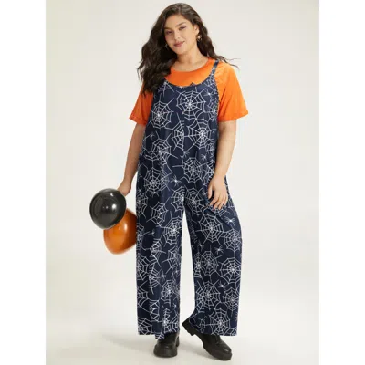 Bloomchic Women's Plus Size Halloween Spider Web Print Pocket Overall Cami Jumpsuit Darkblue Festival-hallowee In Blue