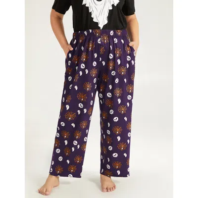 Bloomchic Women's Plus Size Halloween Spiderweb Print Pocket Lounge Bottoms Purple 12/l