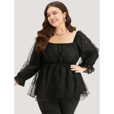 Bloomchic Women's Plus Size Halloween Square Neck Spider Web Crochet Lace Mesh Blouse Black Festival-halloween