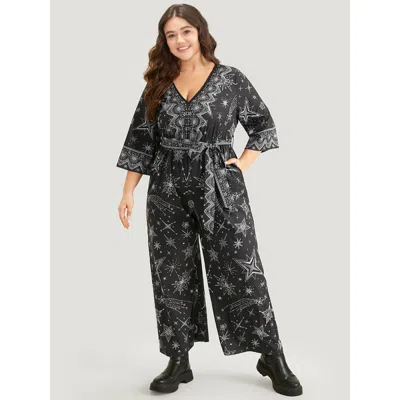 Bloomchic Women's Plus Size Halloween Star Print Belted V Neck Jumpsuit Black Festival-halloween 10/m