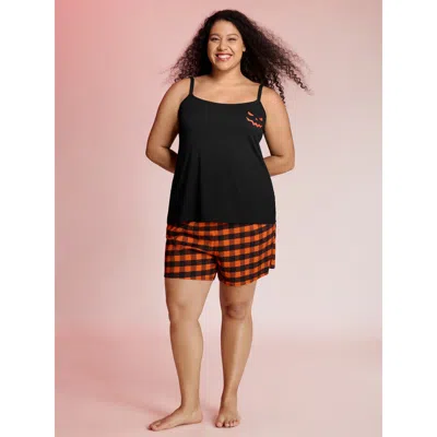 Bloomchic Women's Plus Size Halloween Stretchy Plaid Contrast Pajama Set Black Graphic-halloween 10/m