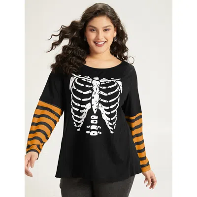 Bloomchic Women's Plus Size Halloween Striped & Skull Print Patchwork T-shirt Orange Festival-halloween 14-16/