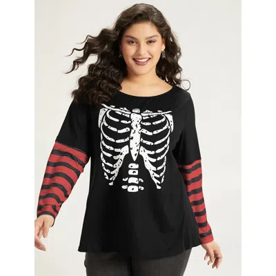 Bloomchic Women's Plus Size Halloween Striped & Skull Print Patchwork T-shirt Red Festival-halloween 10/m