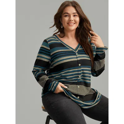 Bloomchic Women's Plus Size Halloween Striped Contrast Button Detail T-shirt Blue Festival-halloween Long Slee