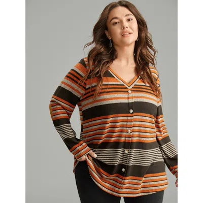 Bloomchic Women's Plus Size Halloween Striped Contrast Button Detail T-shirt Multicolor Festival-halloween Lon