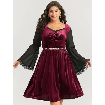 Bloomchic Women's Plus Size Halloween Two Tone Velvet Ruched Lace Panel Bell Sleeve Dress Burgundy Festival-ha