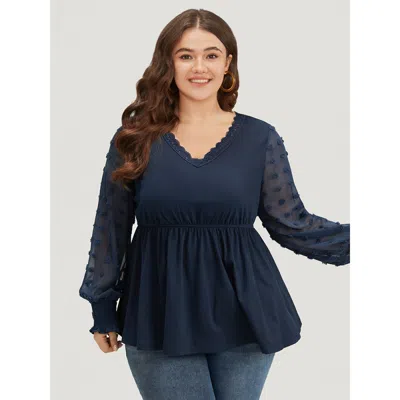 Bloomchic Women's Plus Size Halloween V Neck Shirred Lace Mesh Patchwork T-shirt Blue Long Sleeve Festival-hal