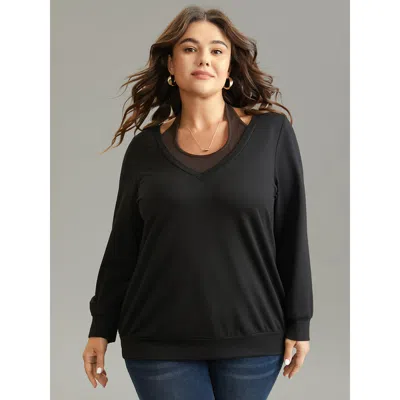 Bloomchic Women's Plus Size Halter 2-in-1 Patchwork Sweatshirt Black Plain Everyday 22-24/3x