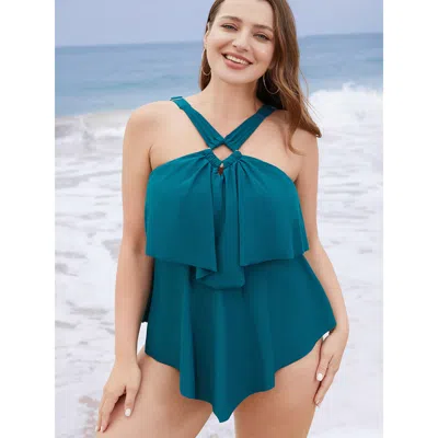Bloomchic Women's Plus Size Halter Neck Buckle Ruffle Tiered One Piece Swimsuit Turquoise Solid Adjustable Str In Blue