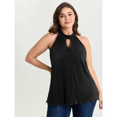 Bloomchic Women's Plus Size Halter Neck Cut-out Draped Tank Top Black Elegant Relaxed Fit A-line Stand Collar 