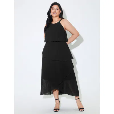 Bloomchic Women's Plus Size Halter Neck Layered Pleated Texture Maxi Dress Black Party Maxi Wrap / Overlap Rou