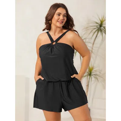 Bloomchic Women's Plus Size Halter Neck Pockets Cinched One-piece Swimsuit Black Solid Cut-out Bust Support 30