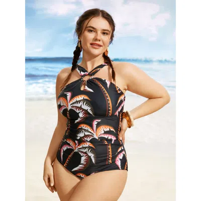 Bloomchic Women's Plus Size Halter Tropical Print Keyhole One Piece Swimsuit Armygreen Tropical Gathered Adapt