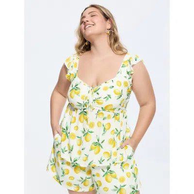 Bloomchic Women's Plus Size Hand Painted Lemon Print Ruched Blouse Originalwhite Fruit Vacation Cap Sleeve Swe