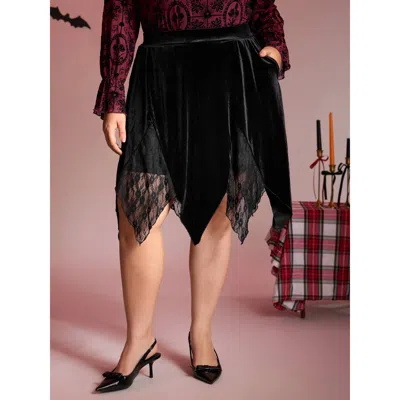 Bloomchic Women's Plus Size Handkerchief Hem Lace Trim Midi Skirt Black Patchwork Flared Elegant 12/l