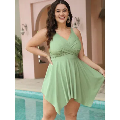 Bloomchic Women's Plus Size Hanky Hem Adjustable Straps Crossover Swim Dress Lightgreen Solid Adjustable Strap