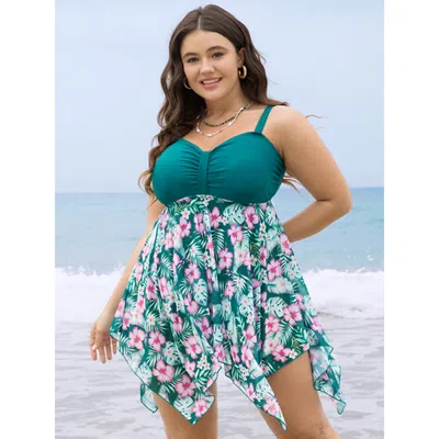 Bloomchic Hanky Hem Ruched A Line Floral Patchwork Swim Dress In Green
